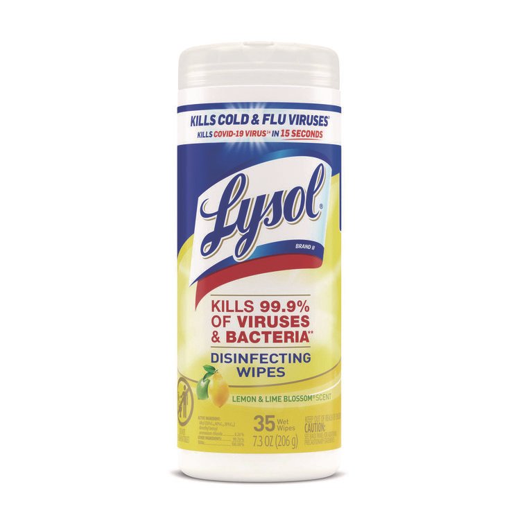 LYSOL Brand Disinfecting Wipes, 1-Ply, 7 x 7.25, Lemon and Lime Blossom, White, 35 Wipes/Canister (RAC81145)