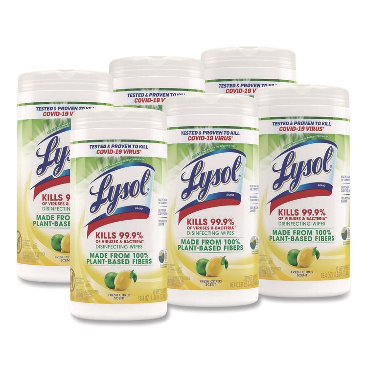 LYSOL Brand Disinfecting Wipes II Fresh Citrus, 1-Ply, 7 x 7.25, White, 70 Wipes/Canister, 6 Canisters/Carton (RAC49128CT)
