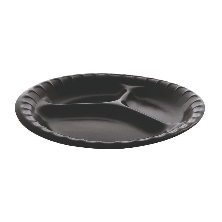 Pactiv Evergreen Placesetter Deluxe Laminated Foam Dinnerware, 3-Compartment Plate, 9" dia, Black, 200/Carton (PCTYCI81113)