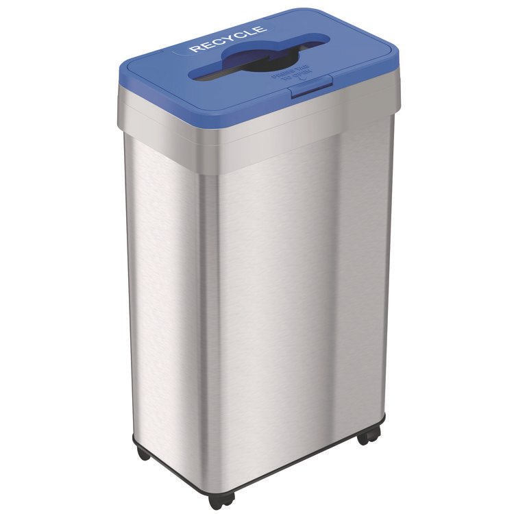 HLS COMMERCIAL Open Top Recycling Bin with Wheels and Color-Coded Lid, 21 gal, Plastic/Stainless Steel, Silver/Blue (HLMHLS21UOTMREC)