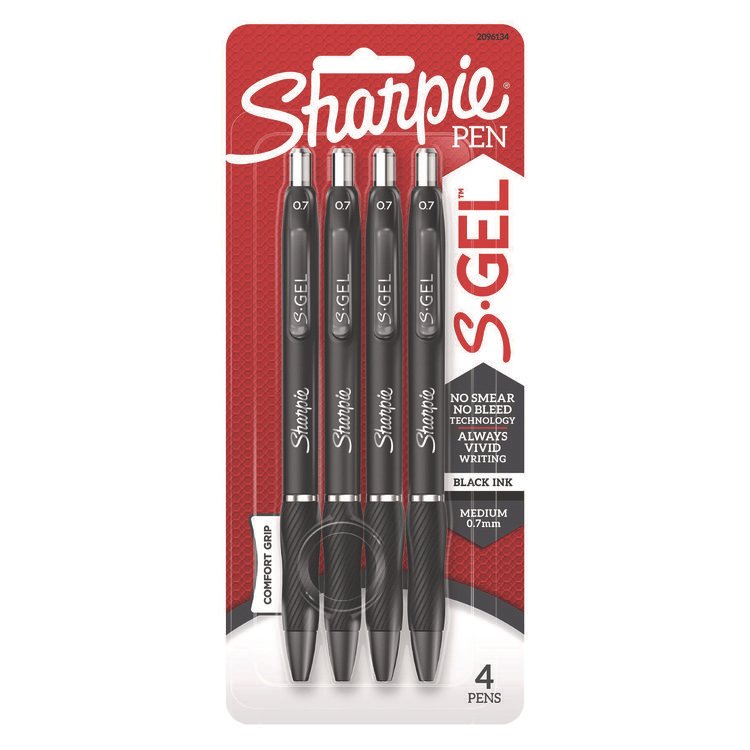 Sharpie S-Gel S-Gel High-Performance Gel Pen, Retractable, Medium 0.7 mm, Black Ink, Black Barrel, 4/Pack (SAN2096134)