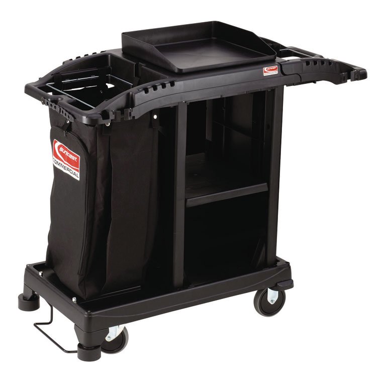 Suncast Commercial Compact Standard Housekeeping Cart, Plastic, 1 Shelf, 23.25" x 53.18" x 46.57", Black (SUAHKCCT100)