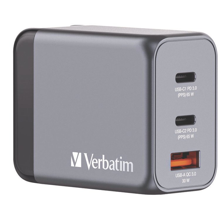 Verbatim 65 W 3-Port GaN Wall Charger, Black/Gray (VER32201)