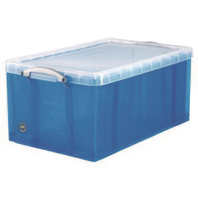 Really Useful Box Snap-Lid Storage Bin, 16.9 gal, 17.31" x 28" x 12.25", Transparent Blue (RUA64LTBL)