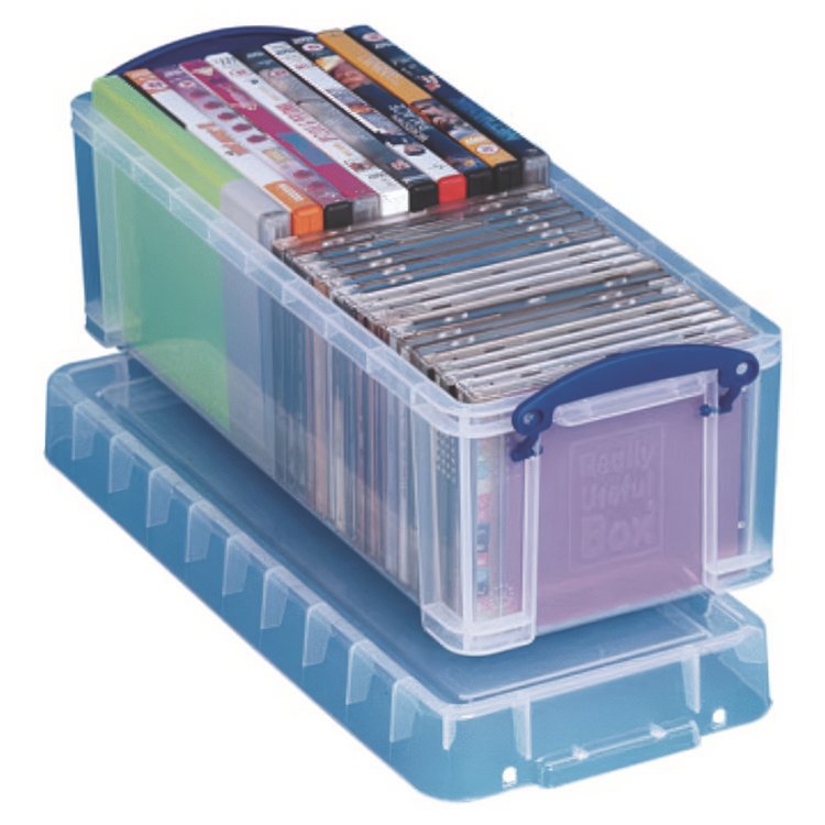 Really Useful Box Snap-Lid CD/DVD Storage Bin, 1.72 gal, 7.13" x 17.25" x 6.25", Clear/Blue (RUA65C)
