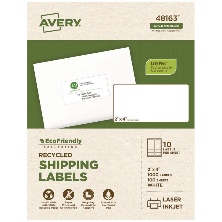 Avery EcoFriendly Mailing Labels, Inkjet/Laser Printers, 2 x 4, White, 10/Sheet, 100 Sheets/Pack (AVE48163)