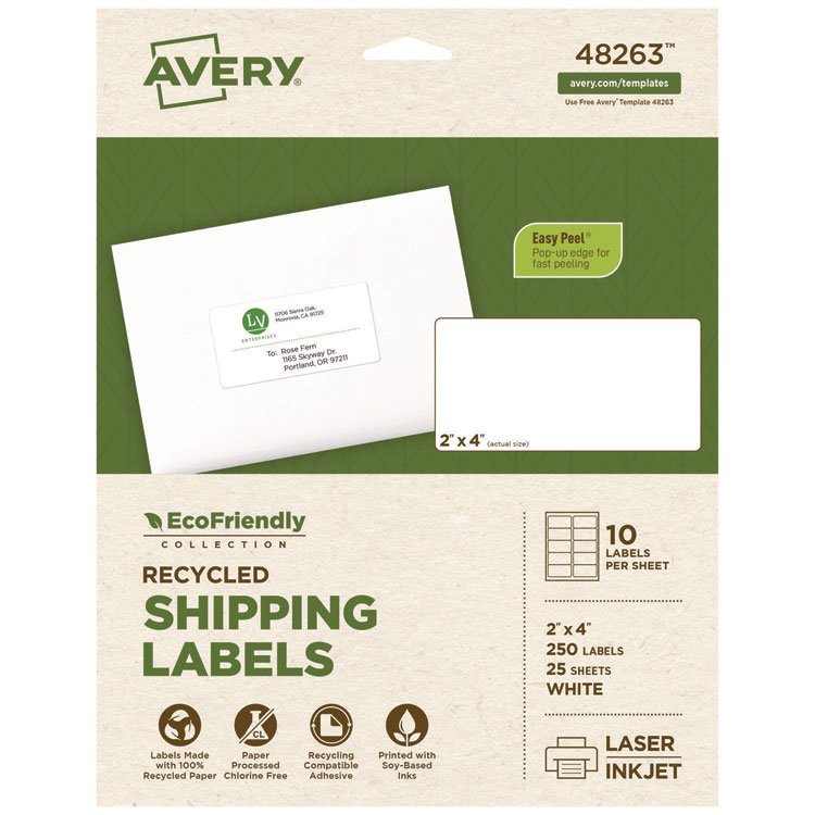 Avery EcoFriendly Mailing Labels, Inkjet/Laser Printers, 2 x 4, White, 10/Sheet, 25 Sheets/Pack (AVE48263)