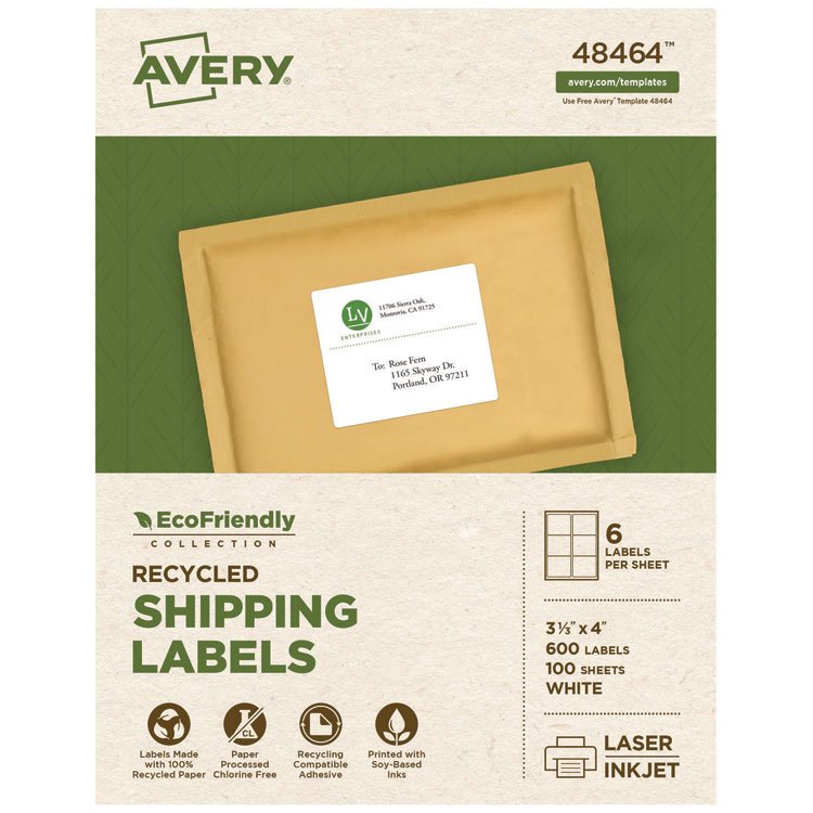 Avery EcoFriendly Mailing Labels, Inkjet/Laser Printers, 3.33 x 4, White, 6/Sheet, 100 Sheets/Pack (AVE48464)