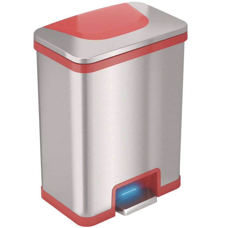 HLS COMMERCIAL Step Pedal-Sensor Trash Can, 13 gal, Plastic/Stainless Steel, Silver/Red (HLMHLS13SR)