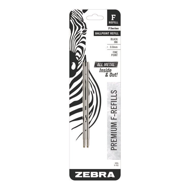 Zebra F-Series Ballpoint Stainless Steel Pen Refill, Fine 0.8 mm Conical Tip, Black Ink, 2/Pack (ZEB89112)