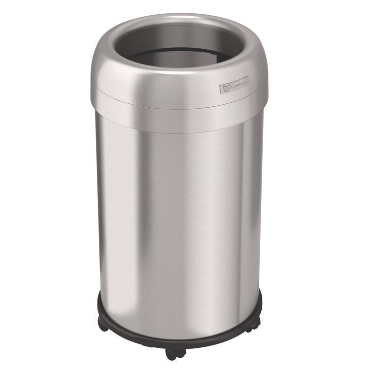 HLS COMMERCIAL Open Top Trash Can with Wheels, Round, 13 gal, Plastic/Stainless Steel, Silver (HLMHLS13STRM)