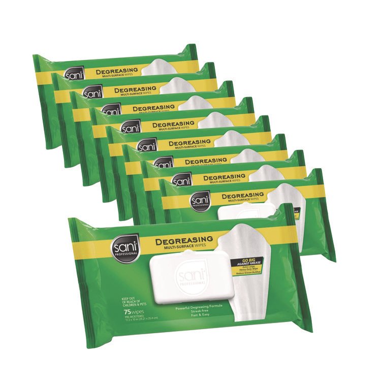 Sani Professional Degreasing Multi-Surface Wipes, 1-Ply, 11.5 x 10, 75, Floral Scent, White, Wipes/Pack, 9 Packs/Carton (NICA12345)