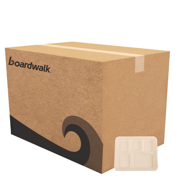 Boardwalk Bagasse PFAS-Free Food Tray, 5 Compartments, 8.26 x 0.98 x 10.9, Tan, Sugarcane, 500/Carton (BWKTRAY128NPFA)