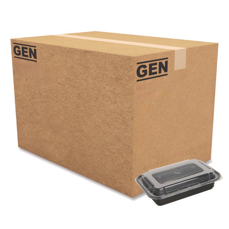 GEN Microwavable Food Container with Lid, Rectangular, 24 oz, 7.48 x 5.03 x 2.48, Black/Clear, Plastic, 150/Carton (GENTORECT24)
