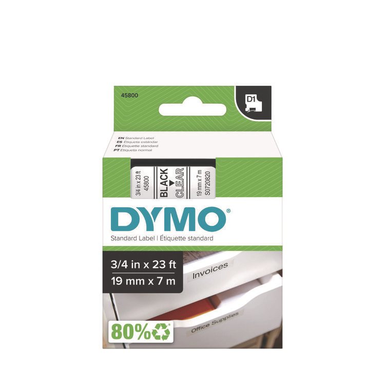 DYMO D1 Standard Labels, 0.75" x 23 ft, Black Print on Clear Tape (DYM45800)