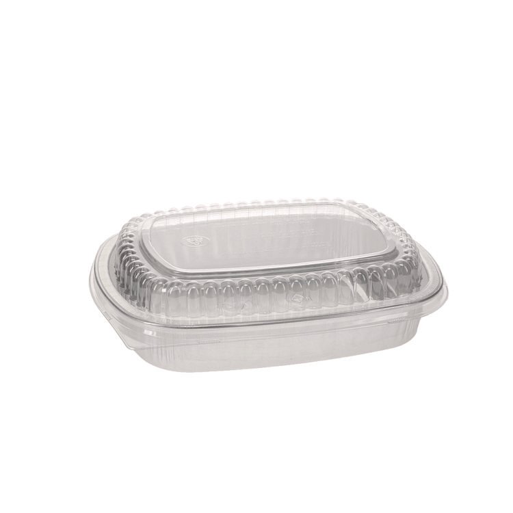 Pactiv Evergreen Classic Carry-Out Container with PET Dome Lid, 46 oz, 9.8 x 7.8 x 1.3, Silver/Clear, Aluminum, 50/Carton (PCTY6710PET)