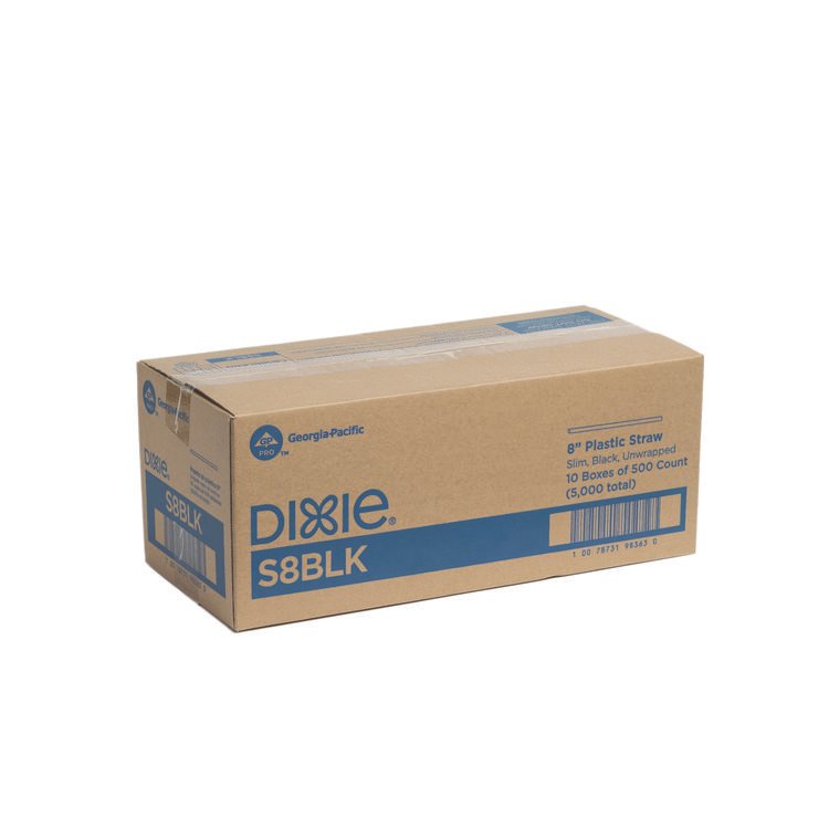 Dixie Slim Unwrapped Plastic Straws, 8", Plastic, Black 500/Box, 10 Boxes/Carton (DXES8BLK)