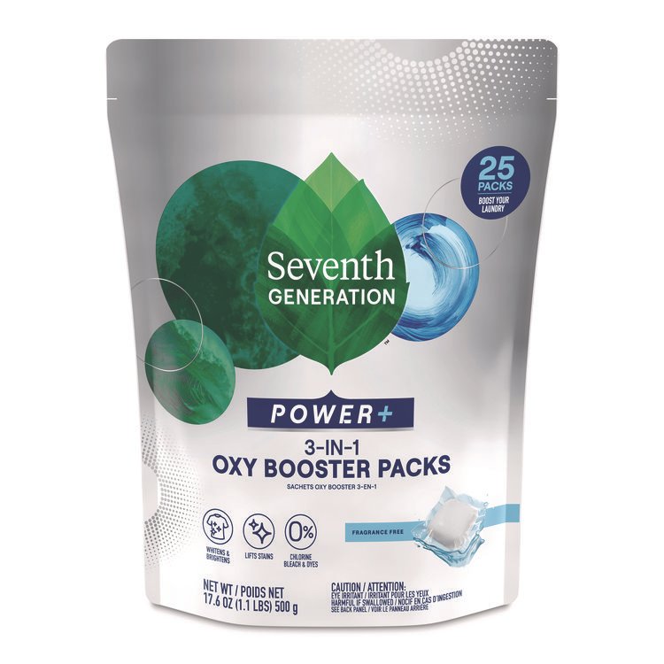 Seventh Generation Power+ 3-in-1 Oxy Booster Packs, Fragrance Free, 17.6 oz, 25 Tabs/Pack, 6 Packs/Carton (SEV68927608)