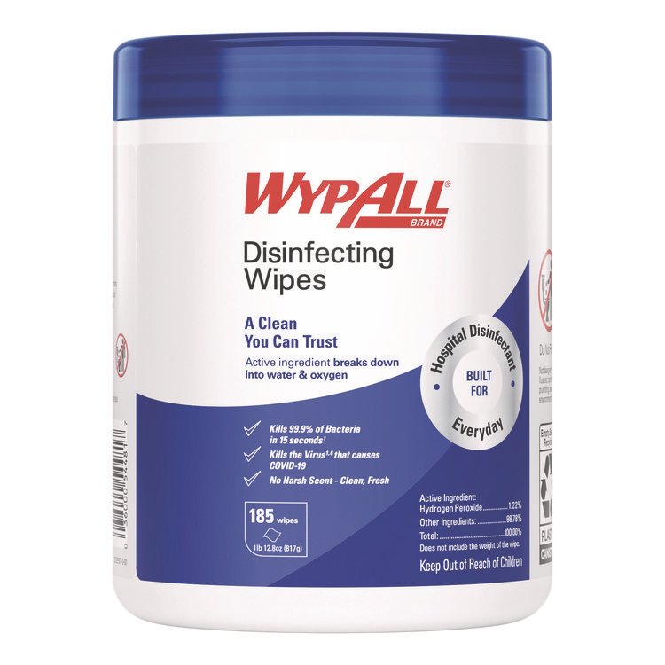 WypAll Hydrogen Peroxide Disinfecting Wipes, 1-Ply, 7 x 5.75, Fresh Scent, White, 185 Wipes/Canister (KCC54481EA)