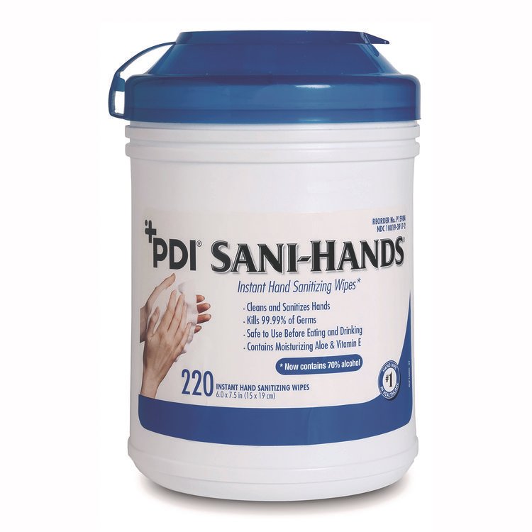 Sani Professional PDI Sani-Hands Instant Hand Sanitizing Wipes, 7.5 x 6, Unscented, White, 220/Canister, 6 Canisters/Carton (PDINPKP15984)