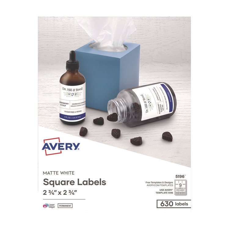 Avery Laser/Inkjet Media Labels, Inkjet/Laser Printers, 2.75" x 2.75", Matte White, 9 Labels/Sheet, 70 Sheets/Box (AVE5196)