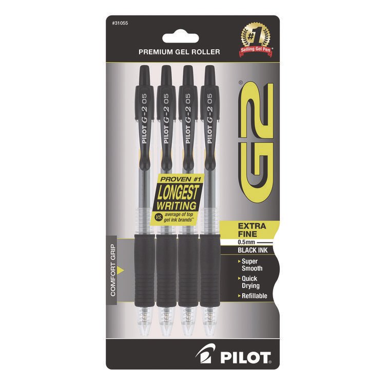 Pilot G2 Premium Gel Pen, Retractable, Extra-Fine 0.5 mm, Black Ink, Smoke/Black Barrel, 4/Pack (PIL31055)