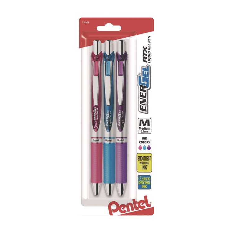 Pentel EnerGel RTX Gel Pen, Retractable, Medium 0.7 mm, Assorted Pastel Ink and Barrel Colors, 3/Pack (PENBL77BP3M1)