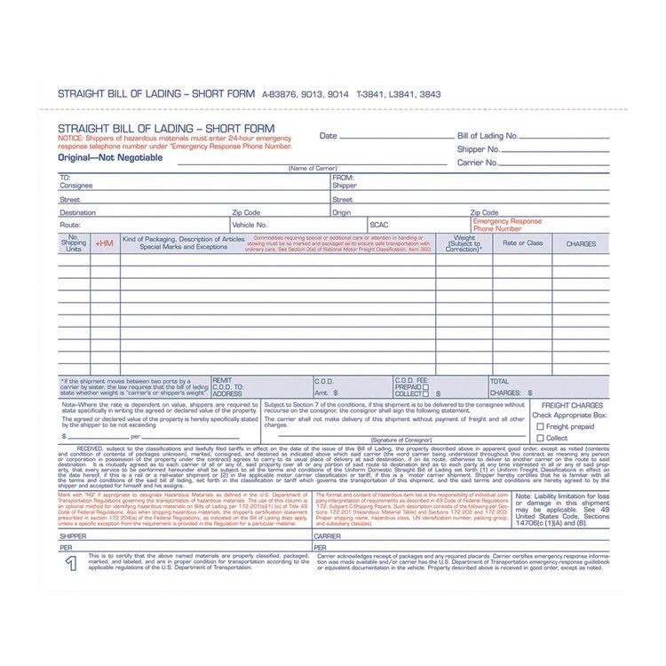 Adams Bill of Lading - Short Form for Up to Ten Articles, Three-Part Carbonless, 8.5 x 6.94, 50 Forms Total (ABF9013)