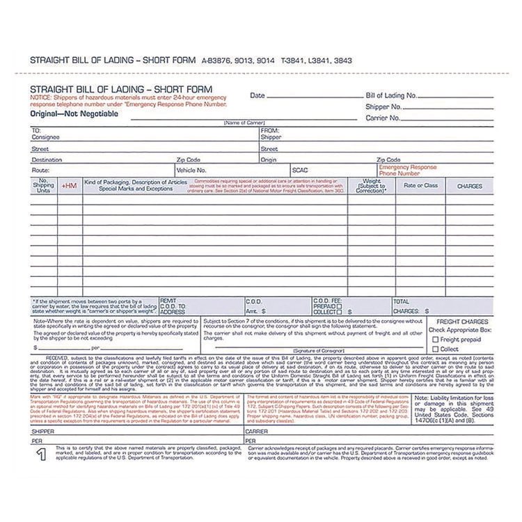 Adams Bill of Lading - Short Form for Up to Ten Articles, Three-Part Carbonless, 8.5 x 6.94, 250 Forms Total (ABFB3876)