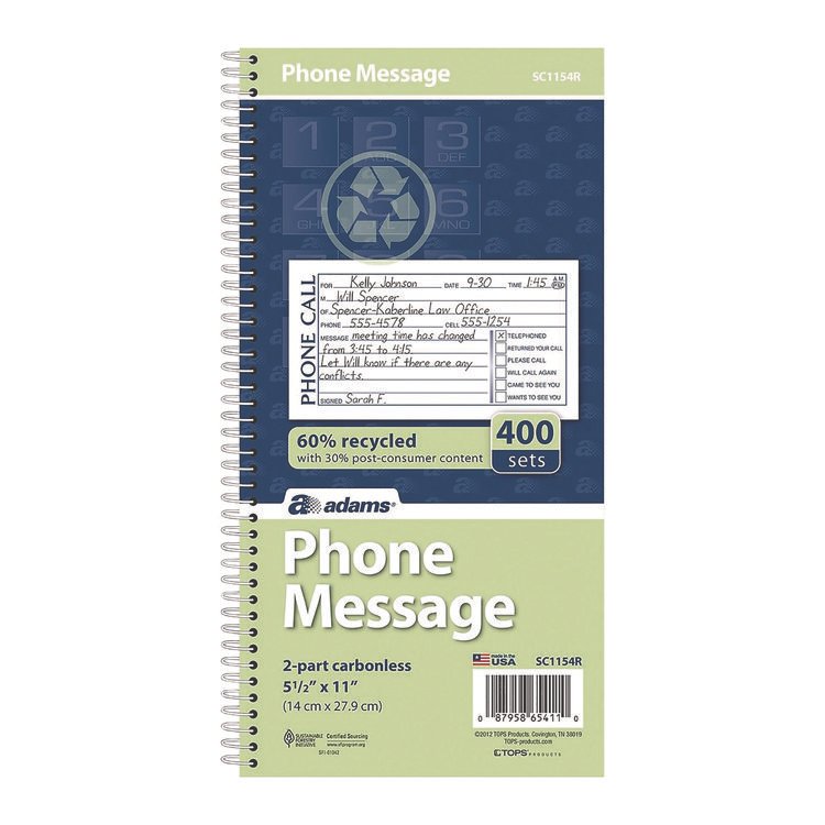 Adams Wirebound Telephone Message Book, Two-Part Carbonless, 4.75 x 2.75, 4 Forms/Sheet, 400 Forms Total (ABFSC1154R)