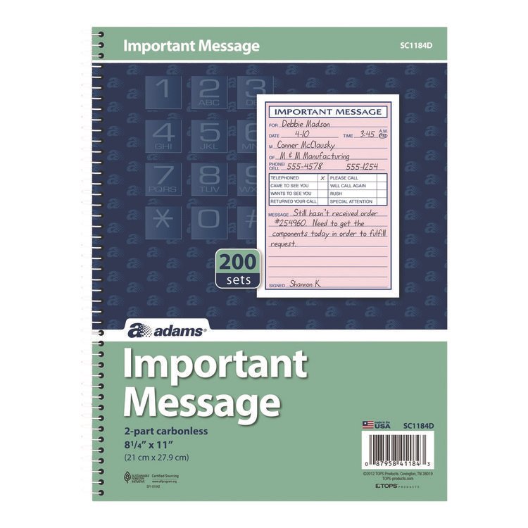 Adams Important Message Book, Two-Part Carbonless, 4 Forms/Sheet, 200 Forms Total (ABFSC1184D)