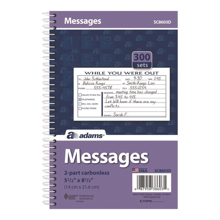 Adams While You Were Out Messages Book, Two-Part Carbonless, 5 x 2.83, 3 Forms/Sheet, 300 Forms Total (ABFSC8603D)