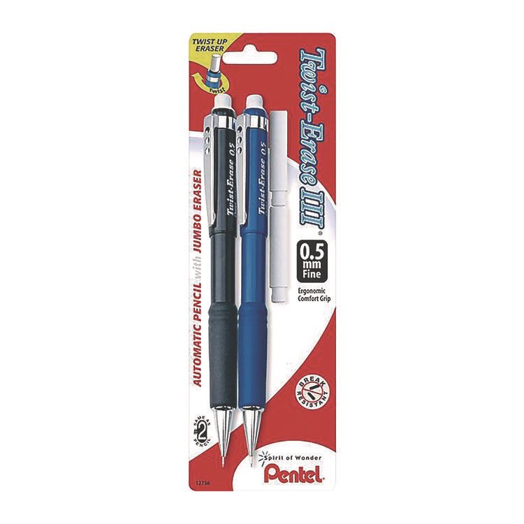 Pentel Twist-Erase III Mechanical Pencil, 0.5 mm, HB (#2), Black Lead, Black/Blue Barrel, 2/Pack (PENQE515BPK6)