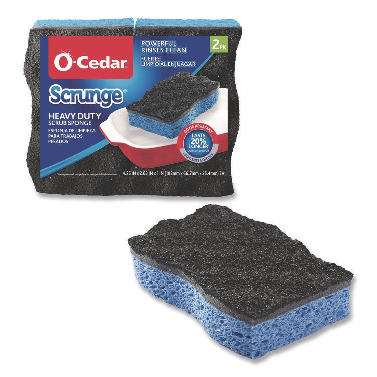 FREUDENBERG HOUSEHOLD PRODUCTS Scrunge Heavy-Duty Sponge, 2.63" x 4.25", 1" Thick, Black/Blue, 2/Pack, 8 Packs/Carton (FHD148377CT)