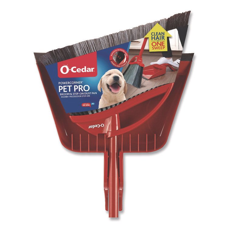 FREUDENBERG HOUSEHOLD PRODUCTS PowerCorner Pet Pro Broom and Step-On Dust Pan, 48" Handle, Red/Black/Gray (FHD168020EA)
