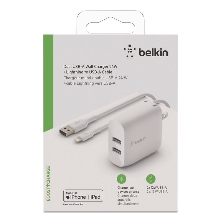 Belkin BOOST CHARGE Dual USB-A Wall Charger + Lightning to USB-A Cable, White (BLKWCD001DQ1MWH)
