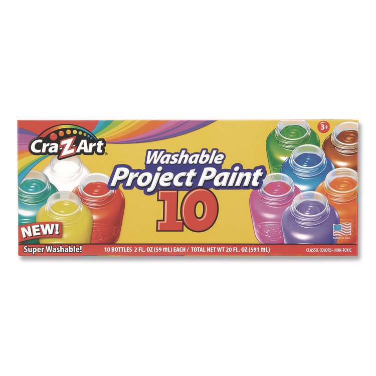 Cra-Z-Art Washable Project Paints, 10 Assorted Colors, 2 oz Bottles, 10/Pack (CZA106014)