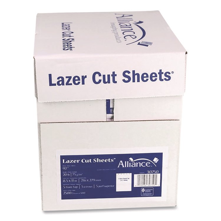 Alliance Laser Cut Sheets, 92 Bright, Side: 5-Hole Punched, 20 lb Bond Weight, 8.5 x 11, White, 500 Sheets/Ream, 5 Reams/Carton (IPS30750AA)
