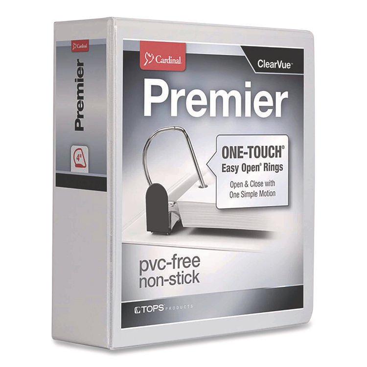 Cardinal Premier Easy Open ClearVue Locking Slant-D Ring Binder, 3 Rings, 4" Capacity, 11 x 8.5, White (CRD10340)
