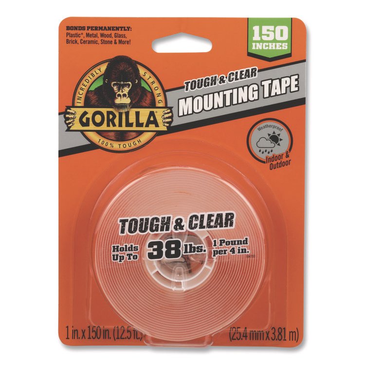 Gorilla Tough and Clear Double-Sided Mounting Tape, Permanent, Holds Up to 0.25 lb per Inch, 1" x 12.5 ft, Clear (GOR6036002)