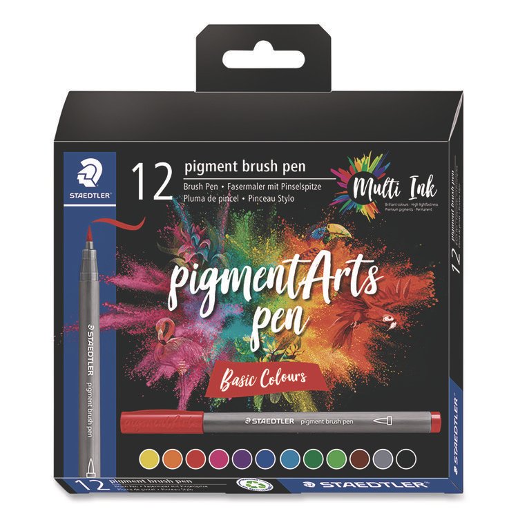 Staedtler Pigment Brush Pen Set, Medium-Firm, Assorted Basic Colors, 12/Pack (STD371C121)