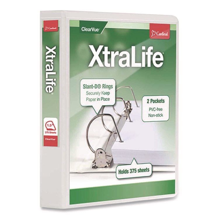 Cardinal XtraLife ClearVue Non-Stick Slant-D Ring Binder, 3 Rings, 1.5" Capacity, 11 x 8.5, White (CRD26310)