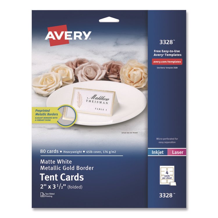 Avery Matte White Metallic Gold Border Tent Cards, 3.5 x 2, 4 Cards/Sheet, 20 Sheets/Pack (AVE3328)