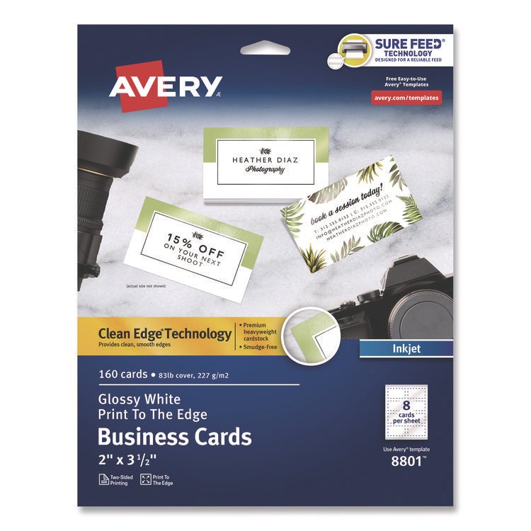 Avery Print to the Edge Business Cards with Sure Feed Technology, 2 x 3.5, White, 8/Sheet, 20 Sheets/Pack (AVE8801)