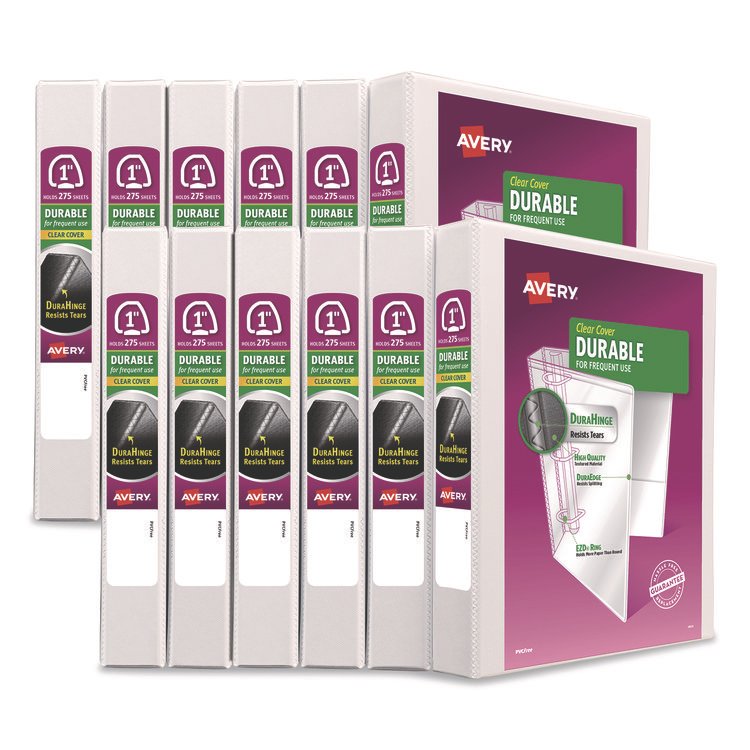 Avery Durable View Binder with DuraHinge and EZD Rings, 3 Rings, 1" Capacity, 11 x 8.5, White, 12/Carton (9301) (AVE09301CT)