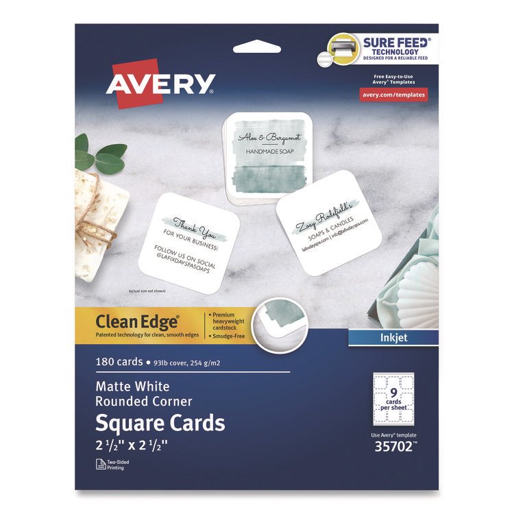 Avery Clean Edge Square Cards, Inkjet, 2.5 x 2.5, 9 Cards/Sheet, 20 Sheets/Pack (AVE35702)