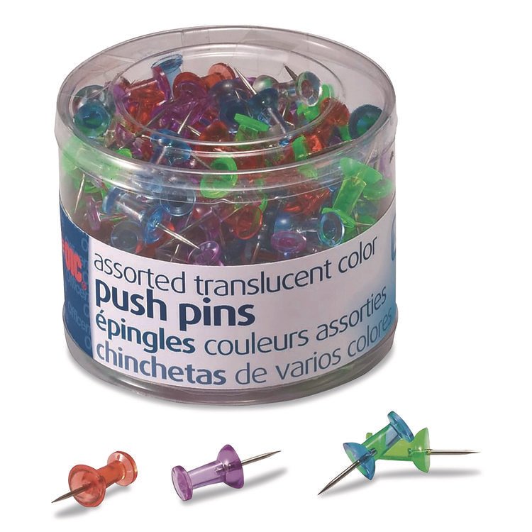 Officemate Push Pins, Assorted Plastic Head, 0.5" Pin, 200/Pack (OIC614312)