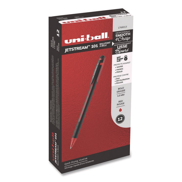 uniball Jetstream 101 Hybrid Gel Pen, Stick, Bold 1 mm, Red Ink, Black/Red Barrel, Dozen (UBC1768013)
