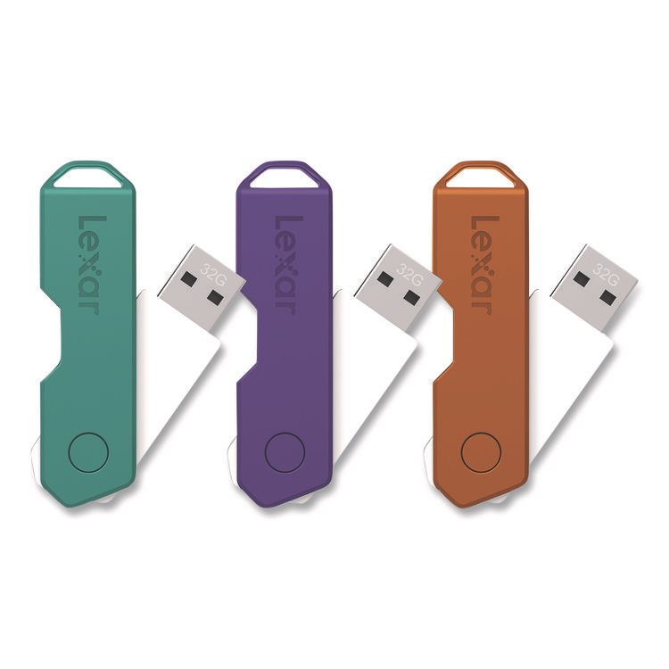 Lexar Twist Turn2 USB 2.0 Flash Drive, 32 GB, Orange/Purple/Teal, 3/Pack (LXR24388082)