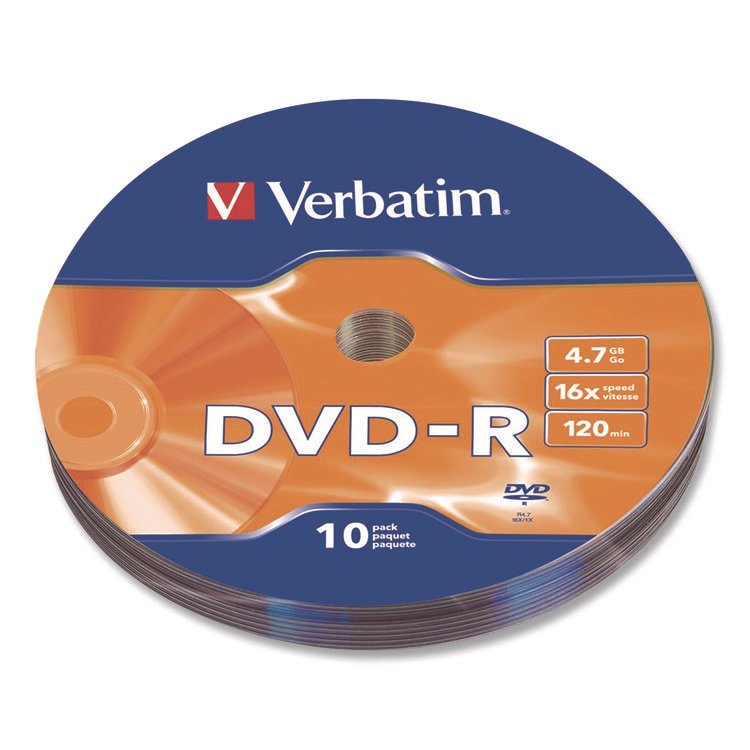 Verbatim DVD-R Recordable Disc, 4.7 GB, 16x, Wrap, Silver, 10/Pack (VER97901)